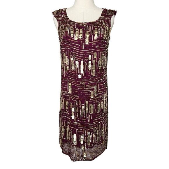 NEW Marchesa Notte Beaded Sequin Silk Sheath Cocktail Dress Wine Size 6 party - Picture 1 of 6